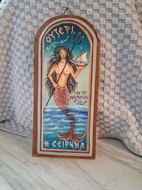 Original Greek Siren Hand Painted Wall Plaque Vntg Art Studio Santorini Greece